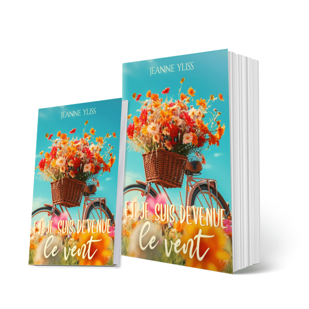 Couverture du roman contemporain « Et je suis devenue le vent » de Jeanne Yliss, illustrée par un bouquet de fleurs colorées sur fond bleu turquoise.